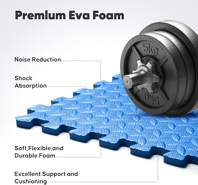 Home Gym Mat, Puzzle Exercise Mat, EVA Interlocking Foam Floor Tiles for Home Workout Equipment and Kids' Play Areas - Blue, 24 in x 24 in x ½ in - 12 Tiles (Blue, 12 Pack 48 sq ft)