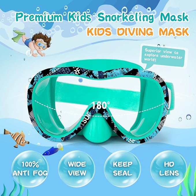 Kids Swim Goggles with Nose Cover, 180° Panoramic Snorkel Mask with Anti-Fog & Anti-Leak Design, Comfort Fabric Strap UV Protection Lens for Boys Girls Ages 3-15
