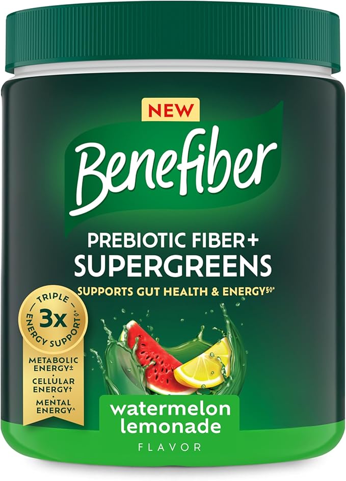 Benefiber Prebiotic Fiber + Supergreens Dietary Supplement Powder, Watermelon Lemonade Flavor, 8.8 oz (250g), 25 Day Supply