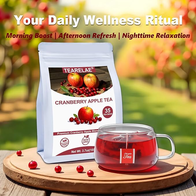 TEARELAE - Cranberry Apple Tea Bags, 35 Count - Premium Cranberry Herbal Blend Tea with Dried Cranberries, Apples, Hibiscus, Rose Petals & Licorice Root - Caffeine-free - Perfect for Daily Refreshment