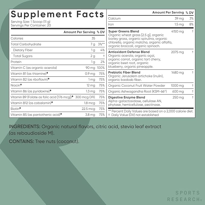 Sports Research® Organic Pineapple Coconut Greens - Digestive Health, Natural Energy & Mood Support* - Certified Organic Powder - 20 Servings