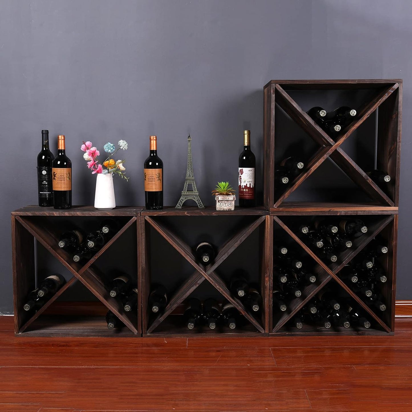 Wine Rack Cabinet countertop Wooden Stackable Storage Retro Cube 24 Bottles freestanding Floor Wine Holder Stand (Black)
