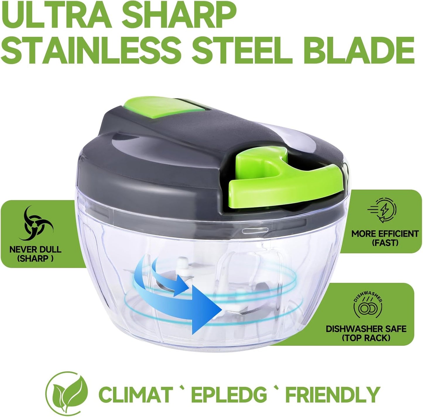 Manual Food Processor Vegetable Chopper, Portable Hand Pull String Garlic Mincer Onion Cutter for Veggies, Ginger, Fruits, Nuts, Herbs, etc., 500ml,(Gray-green)