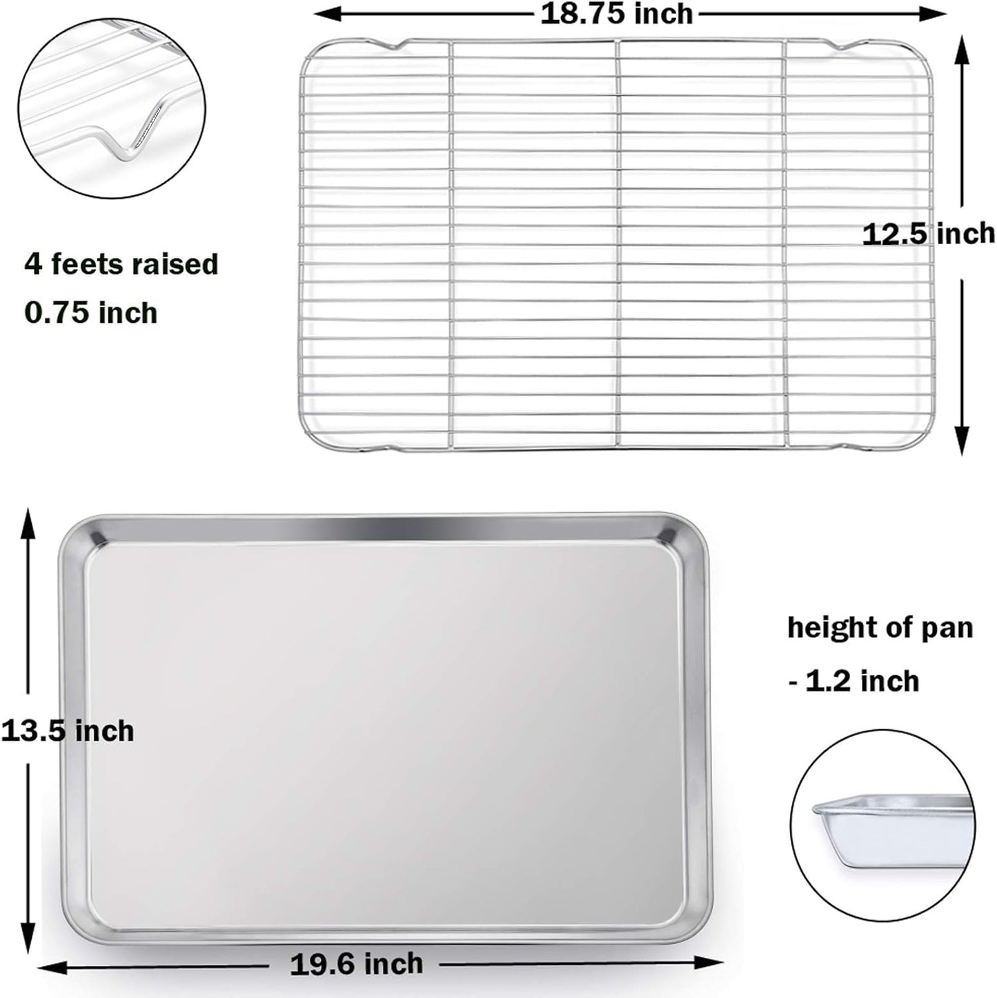 P&P CHEF 19.6 Inch Stainless Steel Baking Sheet with Rack Set (2 Pans+ 2 Racks), Cookie Sheets Baking Trays and Cooling Wire Racks, Oven & Dishwasher Safe, Pans with Flat Racks