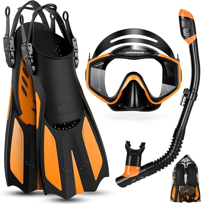 Odoland Kids Snorkeling Packages Snorkel Set, Dry Top Snorkel Mask with Adjustable Swim Fins for Boys and Girls Age 7-14