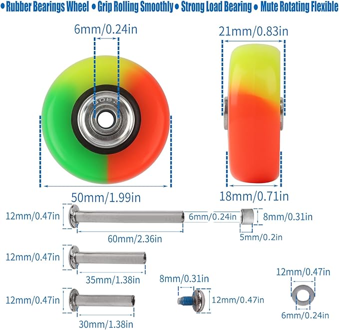 Luggage Suitcase Replacement Wheels Set of 4 PU Bearing Wheels-Install Width 0.8in/21mm with 3 Size Axles and Hacksaw for Trolley Bag Drawbar Box Smooth Rolling Repair(50x18mm)