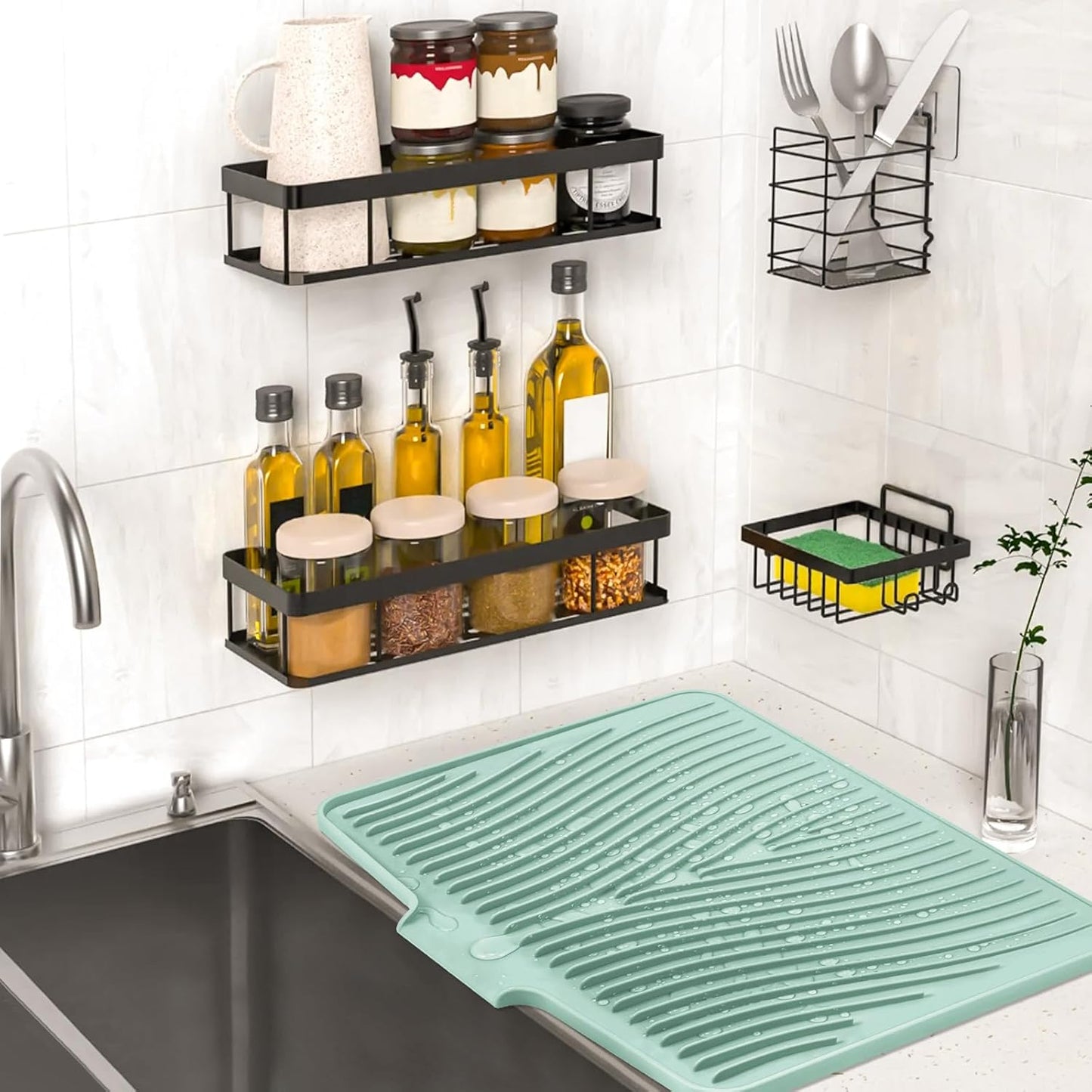 Silicone Dish Drying Mat, Stone Drying Mat for Kitchen Counter with Built-In Drain, Non-Slip Drain Pad with Built-in Drain, Heat Resistant Stone Drying Mat, 1Pcs 19.7" x 17", Mint