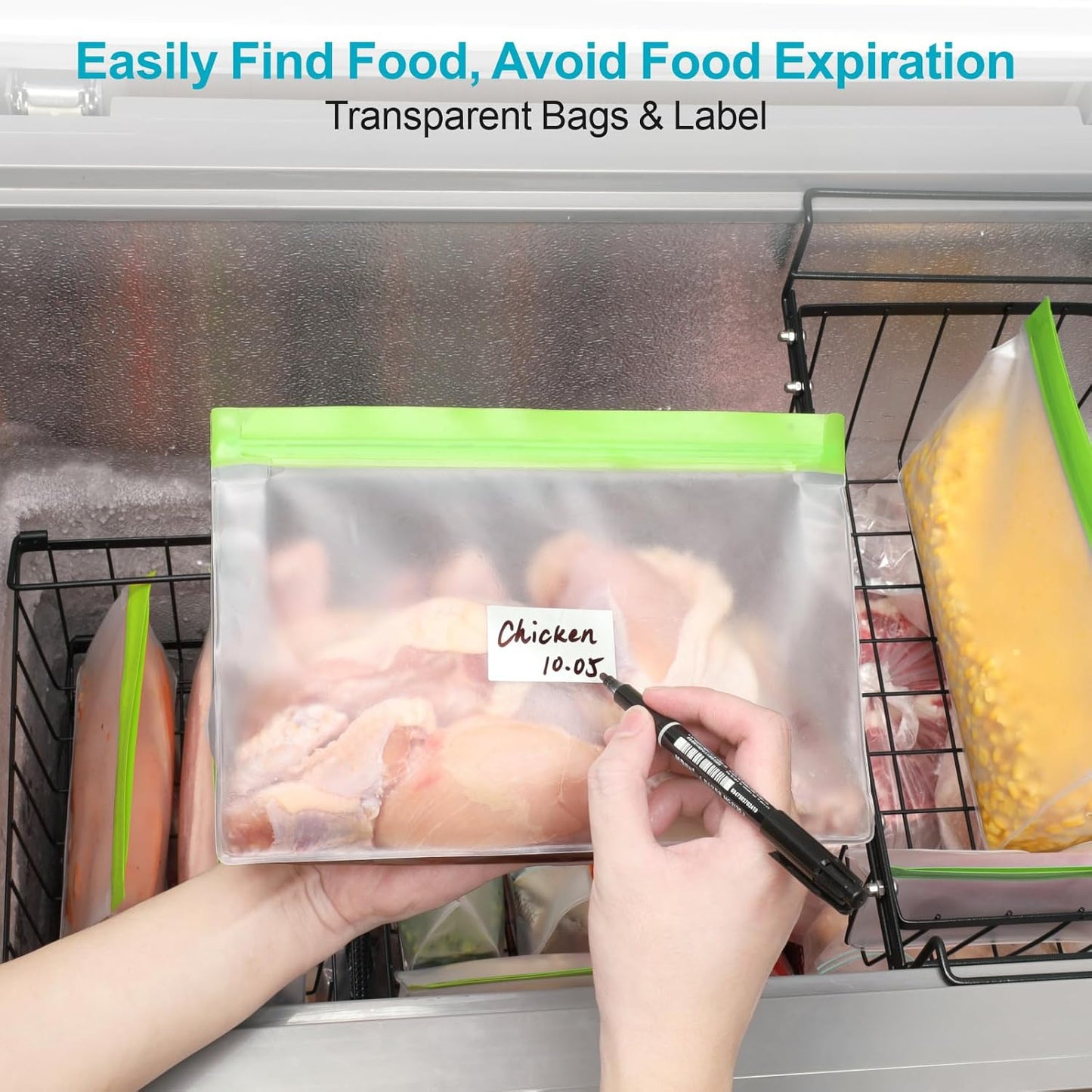 iSPECLE Reusable Freezer Bags - 6 Pack Gallon Freezer Bags BPA-Free with Stand-Up Bottom and Label, Easy to Get Frozen Meat, Vegetables, Fruit, Leakproof Freezer Bags Keep Food Fresh, Green