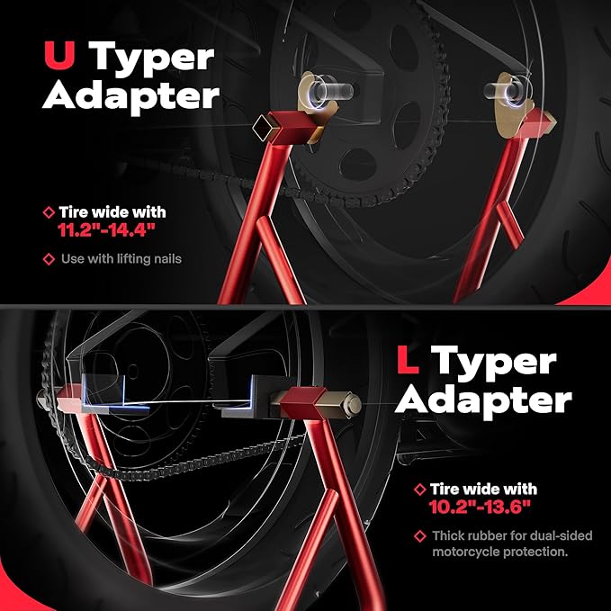 SPECSTAR Motorcycle Stand, 441 Lbs Capacity Rear Wheel Lift with U+L Adjustable Swingarm Spool, Heavy Duty Paddock Stand for BMW Suzuki Yamaha Honda Kawasaki, Red