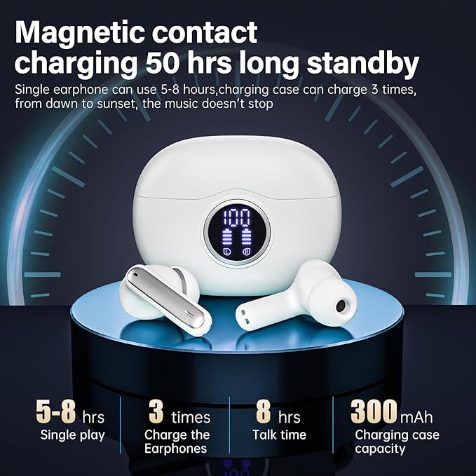 A10 Pro Wireless Earbuds, Bluetooth 5.3 Headphones HiFi Stereo 50H Playback LED Digital Display Ear Buds with ENC Noise Canceling Headset, IPX7 Waterproof Earphones for Gym/Running/Work