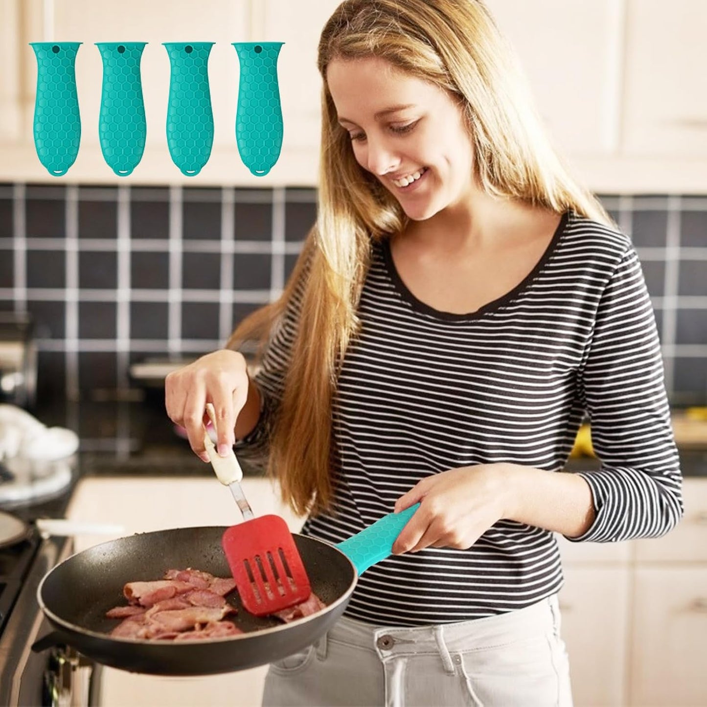 4 Pcs Silicone Hot Handle Holder, Non-Slip Potholder for Cast Iron Skillets & Frying Pans, Heat Resistant Sleeve Grip Cover, Metal Cookware Handle, Lake Blue