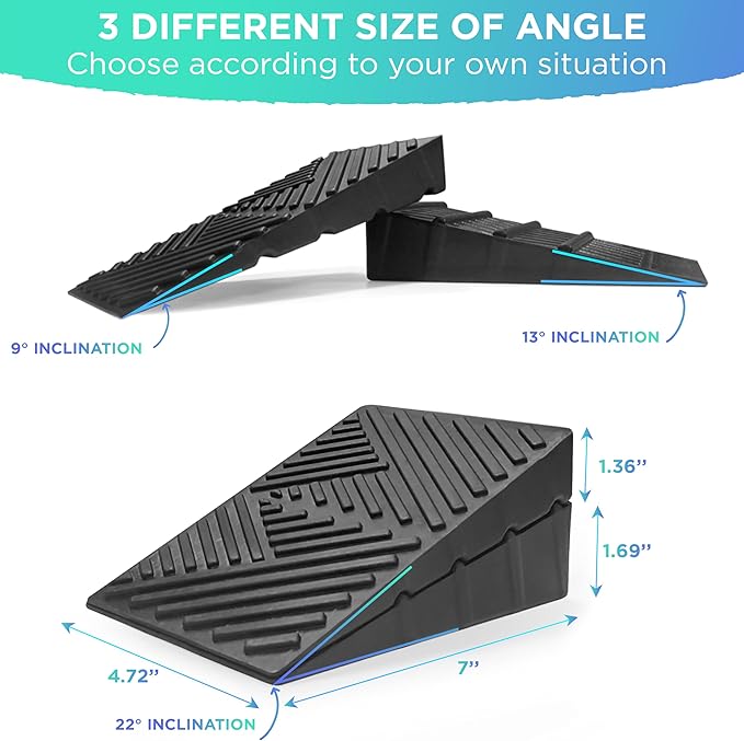 Adjustable Non-Slip Rubber Slant Board for Squats (4PC Squat Wedge Blocks) with 5 Resistance Bands ā Heel Elevated Calf Stretcher & Calf Raise Block for Strength Training, Mobility & Balance