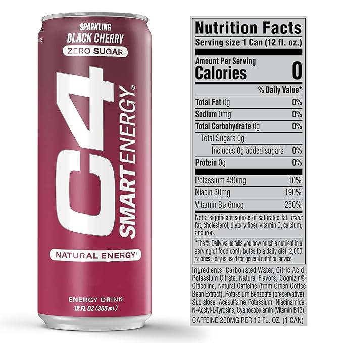 Cellucor C4 Smart Energy Drink - Sugar Free Performance Fuel & Nootropic Brain Booster, Coffee Substitute or Alternative | Black Cherry 12 Oz - 12 Pack