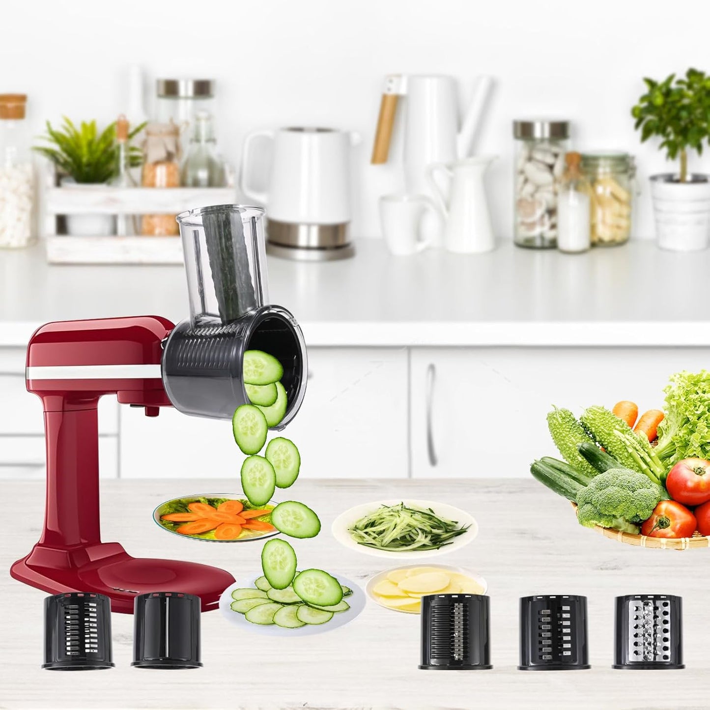 Slicer/Shredder Attachment Compatible with KitchenAid Stand Mixers 5 Blade Stainless Steel Food Processor with Detachable Blades for Cheese Grating, Vegetable, Salad Making Food Shredding