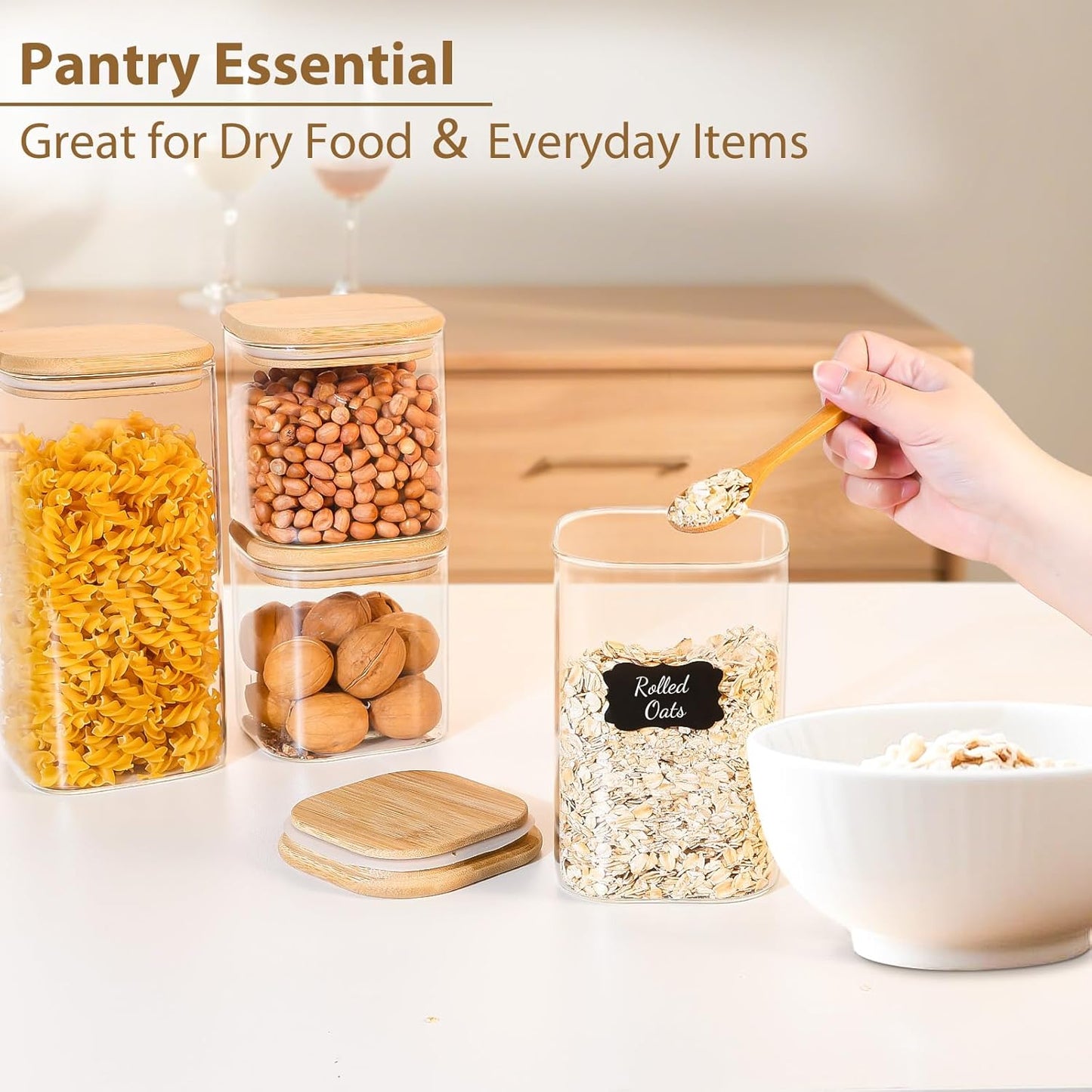 6 Pack Square Glass Storage Containers with Bamboo Lids (24oz/37oz/51oz) – Clear Food Airtight Canisters Sets for The Kitchen, Glass Jars for Coffee Beans, Coffee, Flour, Snacks, Spices