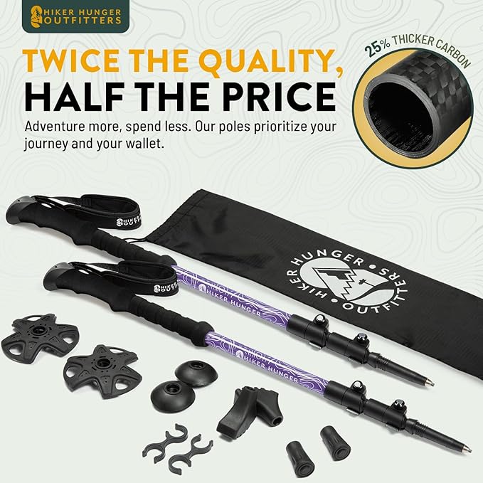 100% Carbon Fiber Trekking Poles by USA Brand - Ultra Strong Lightweight Collapsible Hiking Poles with Cork and EVA Foam Grips & Quick Adjustable Flip Locks