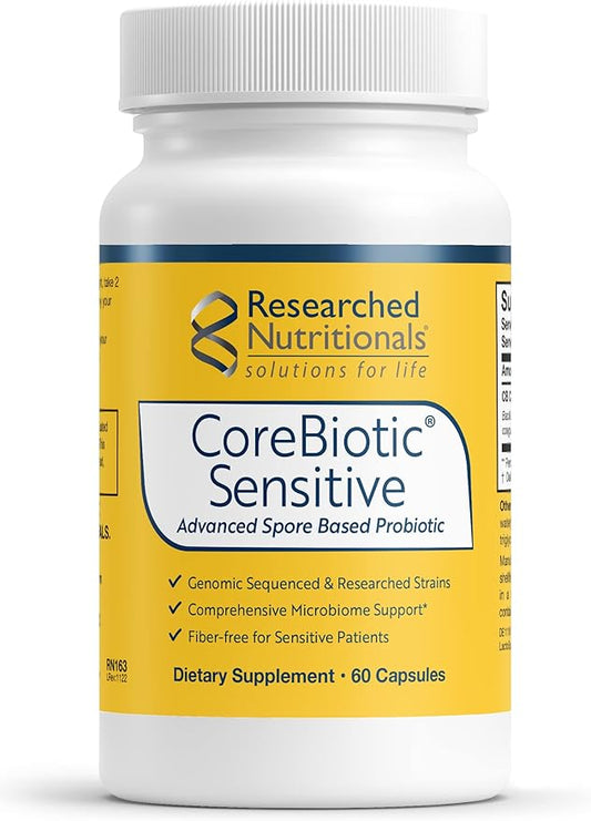 Researched Nutritionals CoreBiotic Sensitive - Vegan Probiotics for Low FODMAP Diet - Spore Based Probiotic Supplement to Support Microbiome & Gut Health - Researched Strains (60 Capsules)