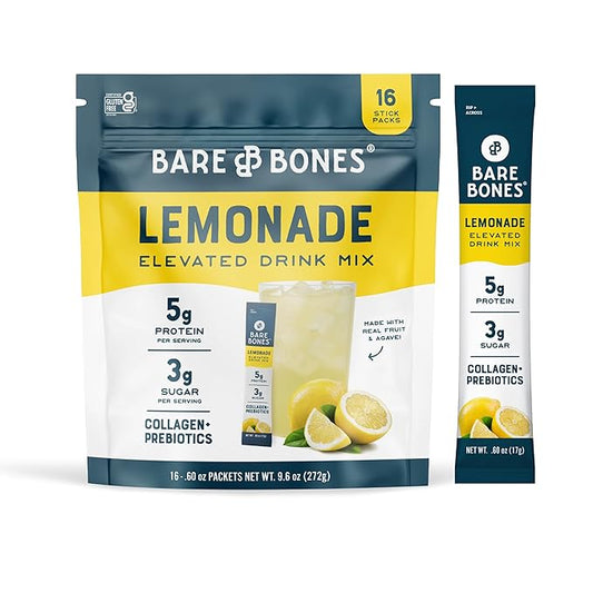 Bare Bones Lemonade Elevated Drink Mix | Light & Flavorful | Gluten-Free & Naturally Sweetened | On-the-Go Stick Single-Serve Packs Powdered Refreshment | 5g Protein | 16 Packets (.60 oz)
