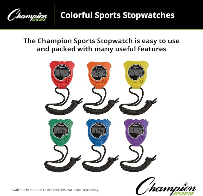 Champion Sports Stopwatch Timer Set: Waterproof, Handheld Digital Clock Sport Stopwatches with Large Display for Kids or Coach - Bright Colored 6 Pack