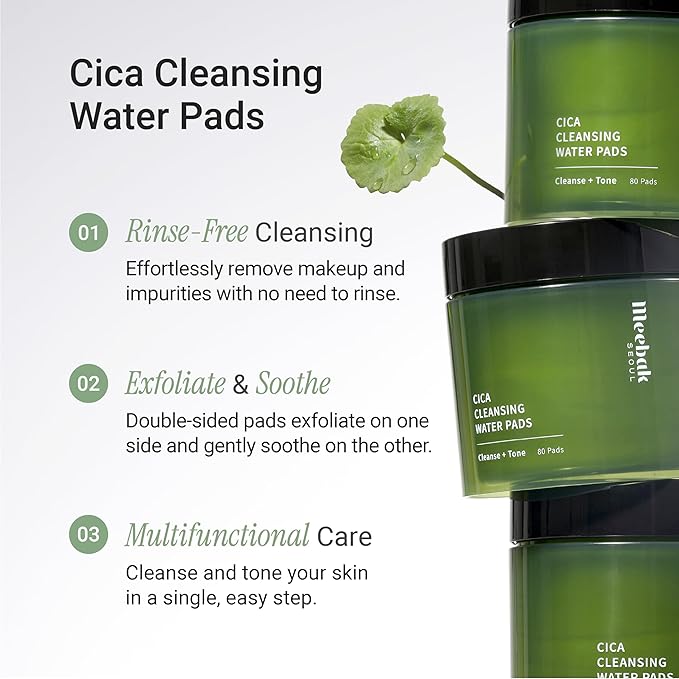 Meebak Cica Cleansing Water Pads | Makeup Remover Pads | Face Cleansing Wipes | Exfoliation Toner Pad | Hydrating & Toning for Sensitive Skin - 80ct