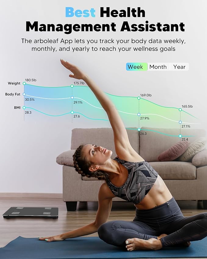 arboleaf Smart Scale for Body Weight and Fat, Bluetooth Digital Bathroom Scale, Body Composition Analyzer with App, 14 Metrics Include BMI, 400lb Capacity(Black)