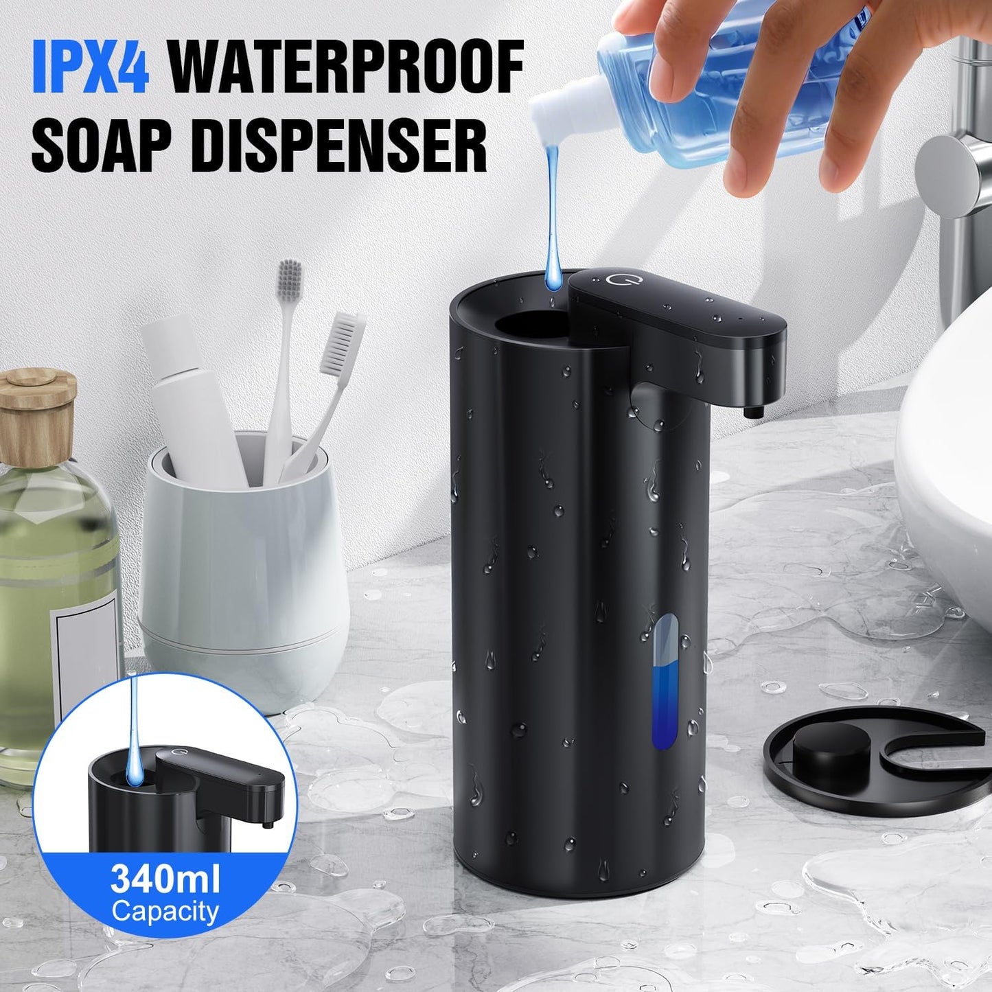 Automatic Soap Dispenser Touchless, Stainless Steel 11.5 oz 3 Levels Adjustable Hand Soap Dispenser with Rechargeable Sensor Pump for Kitchen & Bathroom Liquid Soap, Black