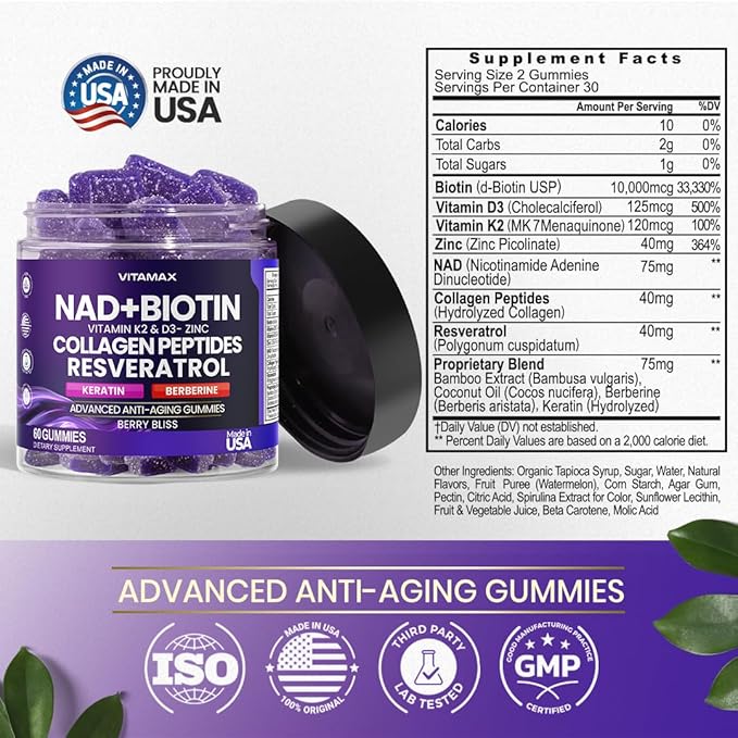 NAD+, Resveratrol, Berberine, & Biotin Anti-Aging Gummy - Hair, Skin, Nails & Joint Supplement - Collagen Peptides, Keratin, Zinc, Vitamin K2 & D3 Gummies -Regeneration- Non-GMO - Made in USA 60 Count