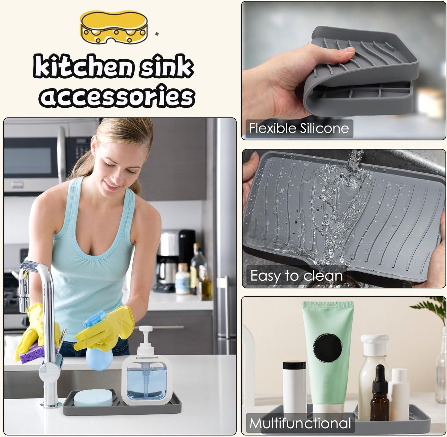 YASMEN Silicone Bathroom Soap Dishes, Sink Sponge Holder for Kitchen, Rubber Soap Dish with Drain, Shower Soap Sponge Tray, Sink or Counter Organizer, for Bar Soap, Bottle, Dish Soap Dispenser-Gray