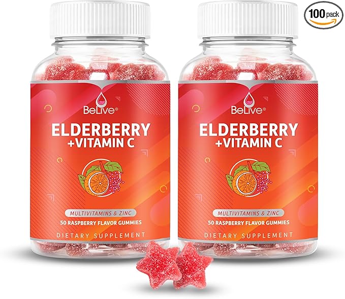 BeLive Elderberry Gummies with Zinc and Vitamin C - Immune Support Supplement with Vitamin D, A, E, B12 - Gummies for Healthy Bones & Teeth, Vegan, Keto & Non-GMO - Raspberry Flavor | 2-Pack