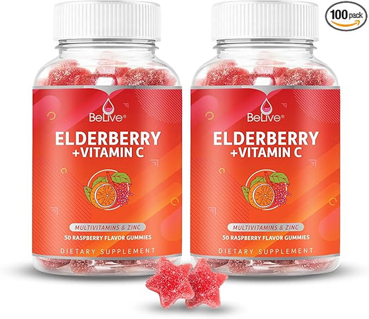 BeLive Elderberry Gummies with Zinc and Vitamin C - Immune Support Supplement with Vitamin D, A, E, B12 - Gummies for Healthy Bones & Teeth, Vegan, Keto & Non-GMO - Raspberry Flavor | 2-Pack