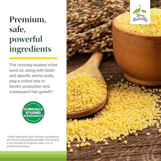 Terry Naturally Hair Renew Formula - Healthy Hair Growth Supplement with Biotin B Vitamins & Zinc - Millet Seed Oil for Keratin Production Support & Stronger, More Radiant Strands - 60 Softgels