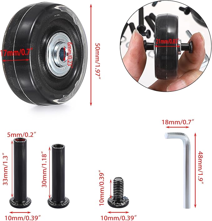 OwnMy 50mm x 17mm Clear Luggage Wheels Replacements Set of 2 - Mute Suitcase Swivel Wheels Kit With Screws, Axles, Bearings - Rotatable Rubber Silent Wheels