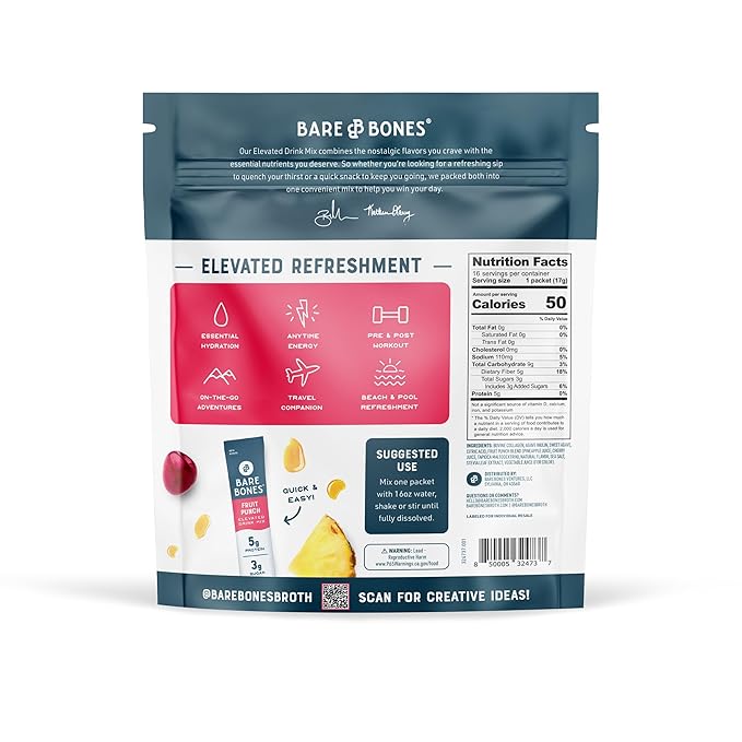Bare Bones Fruit Punch Elevated Drink Mix | Collagen & Prebiotics | Gluten-Free & Naturally Sweetened | On-The-Go Stick Single-Serve Packs Powdered Refreshment | 5g Protein | 16 Packets (.60 oz)