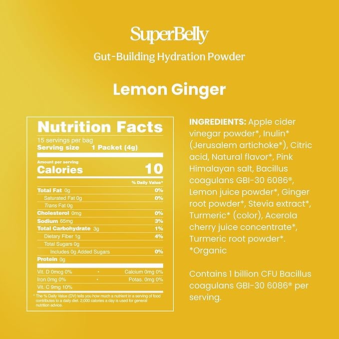 Blume New SuperBelly Gut Health and On-The-Go Hydration Packets, Sugar-Free, with Prebiotics, Probiotics, Apple Cider Vinegar, Vitamin C, and Electrolytes, Lemon Ginger, 15 Sticks