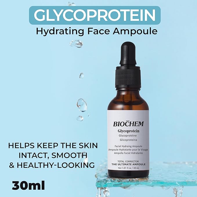 BIOCHEM Glycoprotein Hydrating Serum Ampoule – Deep Moisture + Skin Repair with Marine Glycoproteins & Hyaluronic Acid – Anti‑Aging Plumping Facial Serum, Sensitive Skin Safe, 1.01 fl oz / 30 mL