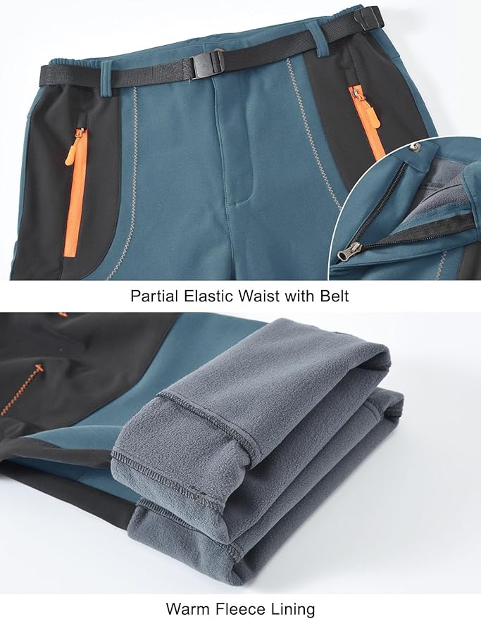 Rdruko Men's Snow Ski Pants Waterproof Insulated Winter Outdoor Snowboard Hiking Fleece Pants with Belt