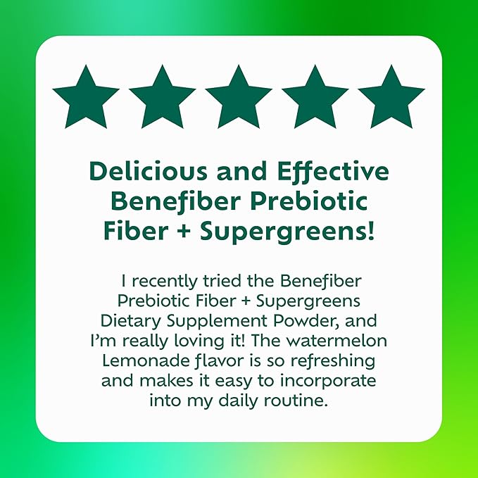 Benefiber Prebiotic Fiber + Supergreens Dietary Supplement Powder, Watermelon Lemonade Flavor, 8.8 oz (250g), 25 Day Supply