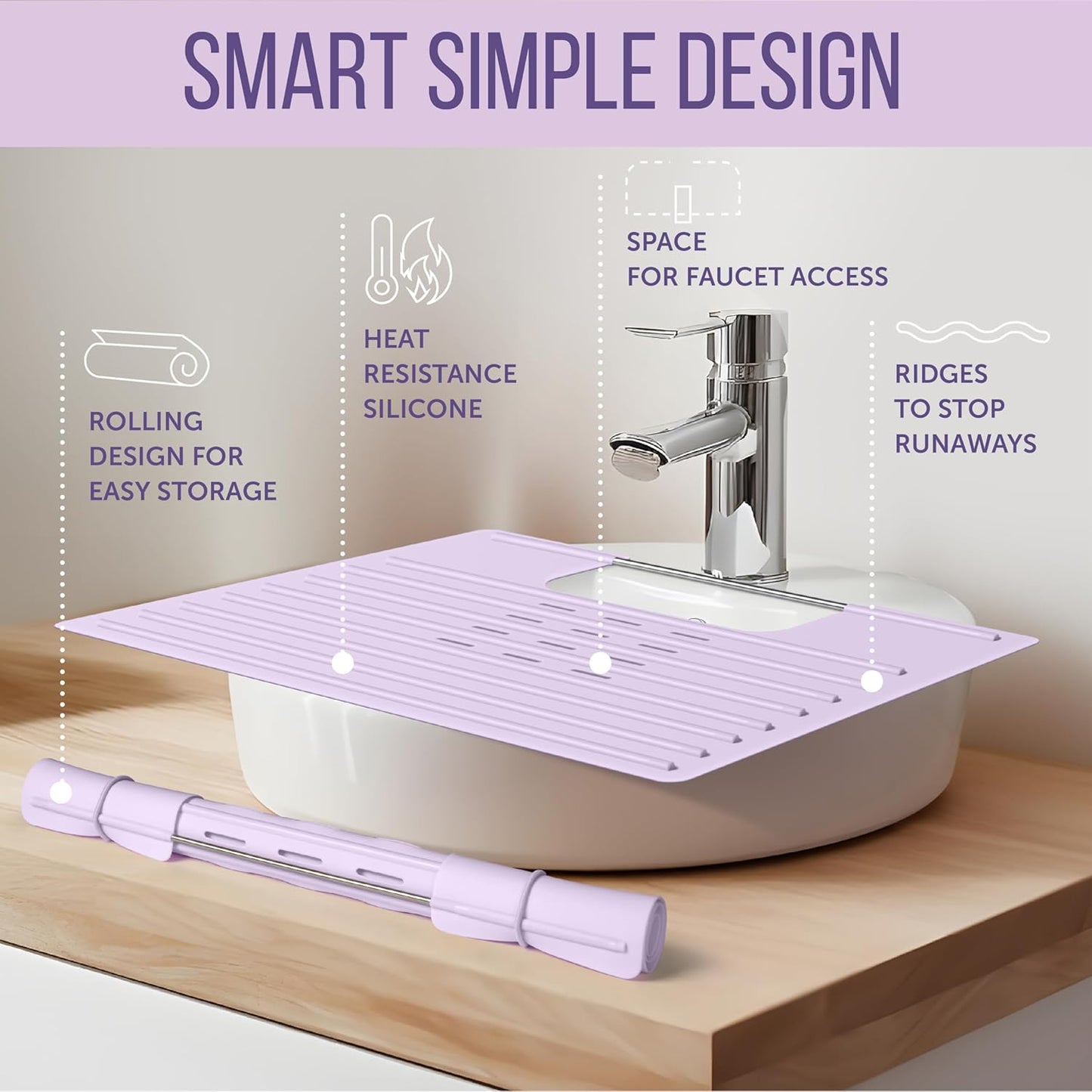 Maplefield Bathroom Sink Cover for Counter Space, Heat Resistant Silicone Sink Mat for Your Beauty Routine, Small Bathroom Space Saver Sink Cover for Makeup (Lavender Large, 22 x 2 x 2 Inches)