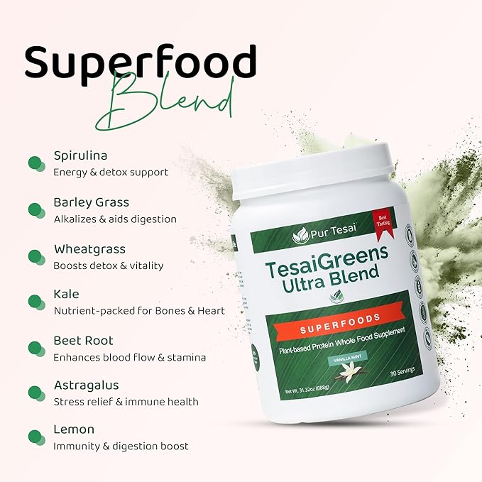 TesaiGreens Ultra Blend Superfood Nutritional Powder, Plant-based, 16g Protein, 7 Billion Probiotics, Vitamins, Mushrooms & Adaptogen, Energy, Immunity & Gut Health Support, Meal Replacement