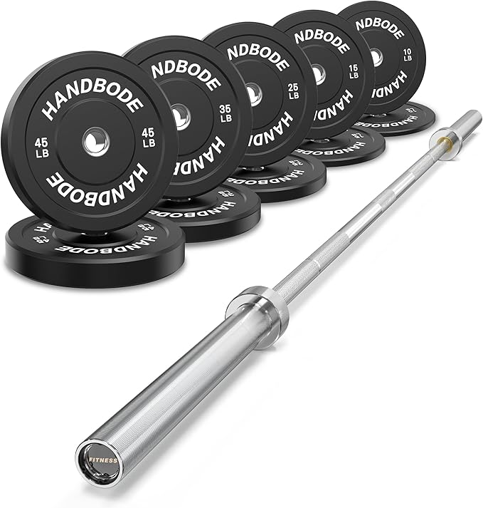 Olympic Bumper Plates Set 2 Inch, 10-55 lbs Rubber Weight Plates with 45 lb (20kg) Black/Silver Barbell, Strength Training & Weight Lifting for Home Gym