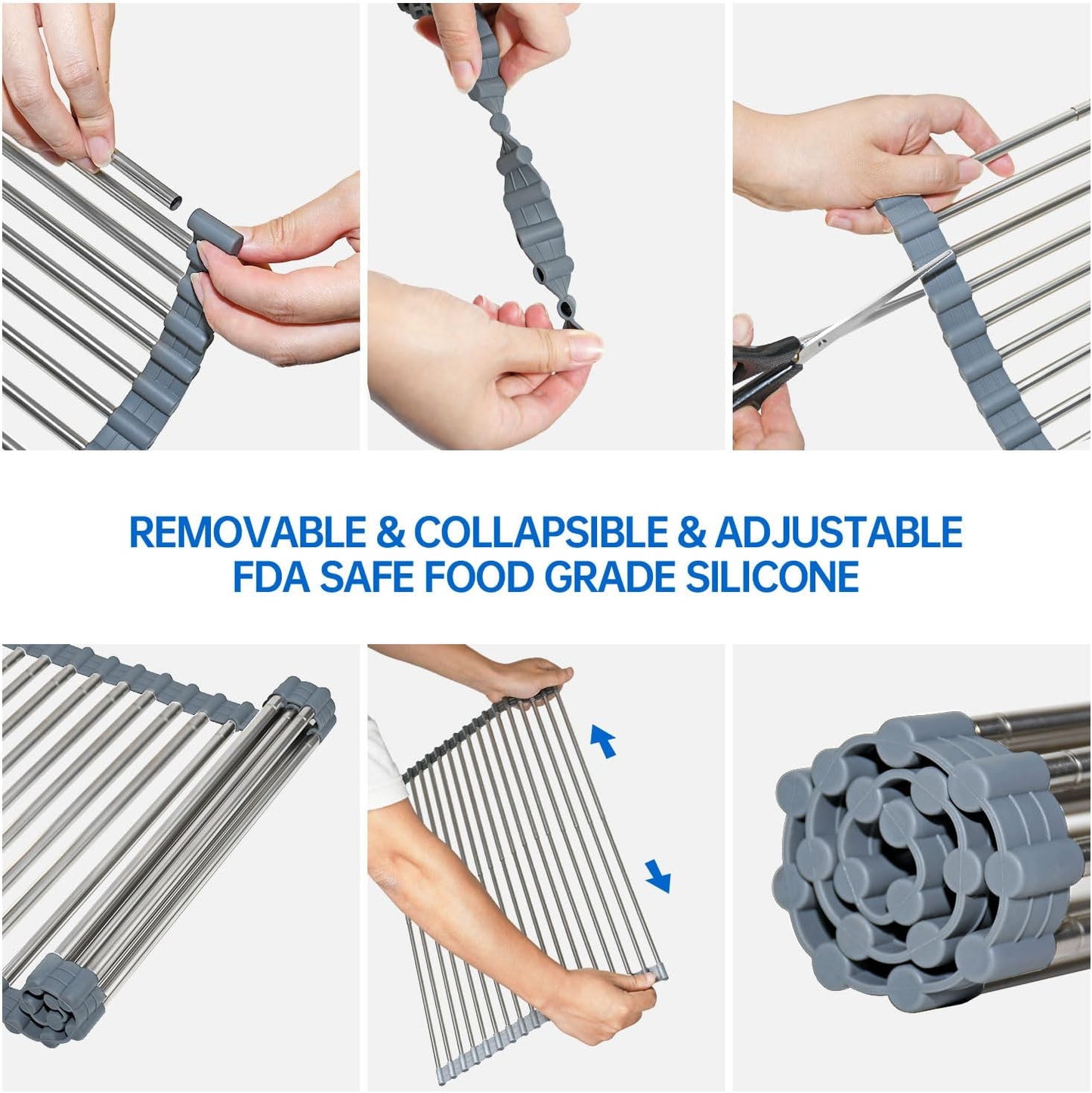 Expandable Large Draining Rack, Roll Up Heat-Resistant Dish Drainer for Stainless Steel Sinks, Collapsible Over The Sink Rack Non-Slip Silicone Rolling Up Rack 18 Tube