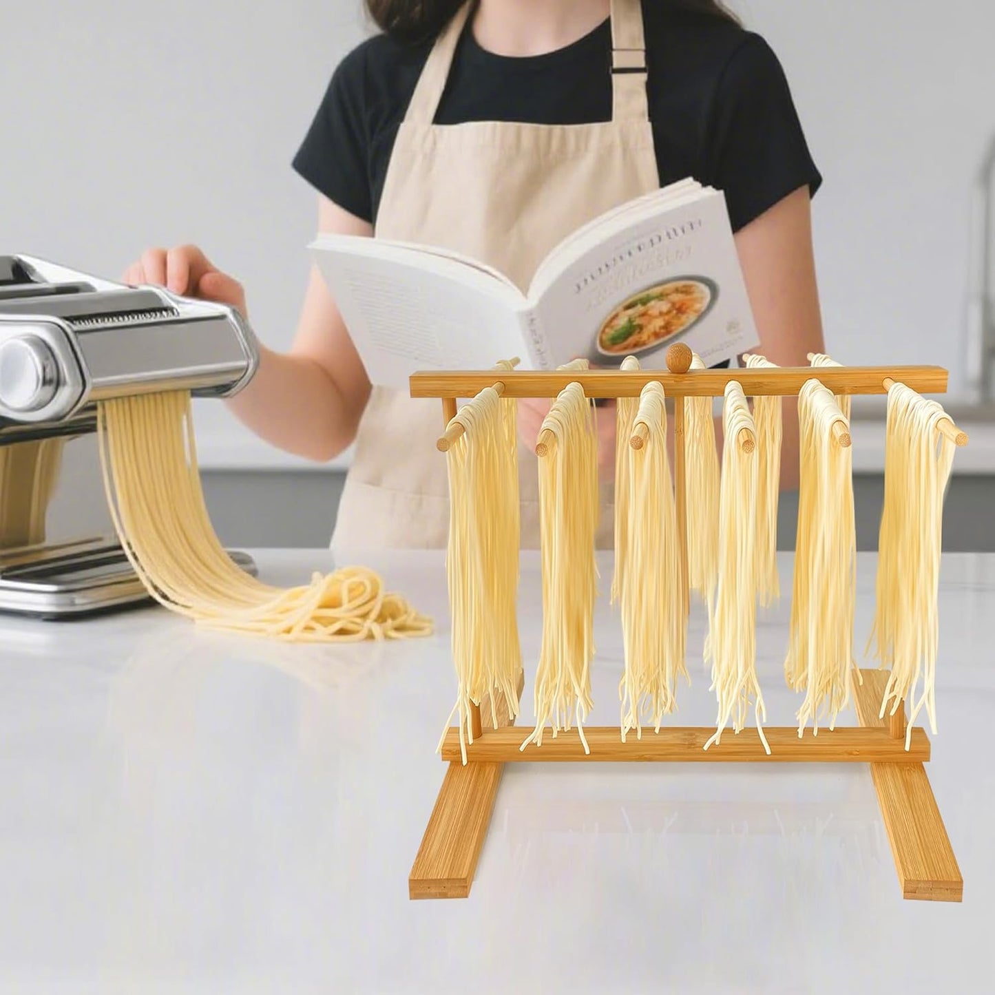 Bamboo-Pasta-Drying-Rack With Transfer Wand & 16 Arms, Large Tall Collapsible Fresh Pasta Dryer Holder For Homemade Noodle, Spaghetti, Tagliatelle, Detachable Fettuccine Hanger Stand With 16 Bars