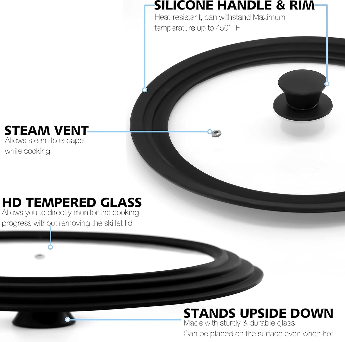 Anaeat Silicone Universal Lid for Pots, Pans and Skillets - Tempered Glass Covered with Heat Resistant Silicone Rim Fits 6", 7" and 8" Diameter Cookware -Easy to Use Replacement Frying Pan Cover
