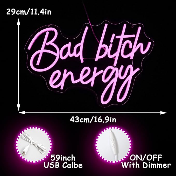 Bad Bitch Energy Neon Sign Pink Neon Light Letter LED Neon Signs for Wall Decor Lady Led Neon Lights for Bedroom Bar Dormitory Store Decortion