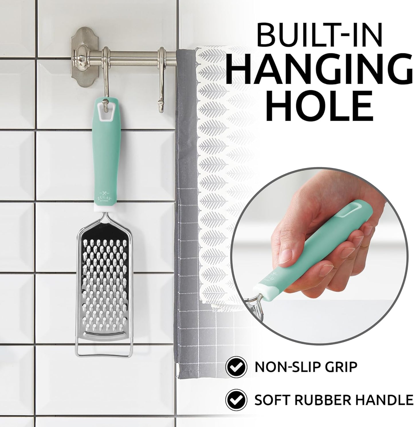 Zulay Kitchen Professional Cheese Grater Stainless Steel - Durable Rust-Proof Metal Lemon Zester Grater With Handle - Flat Handheld Grater For Cheese, Chocolate, Spices, And More - Mint