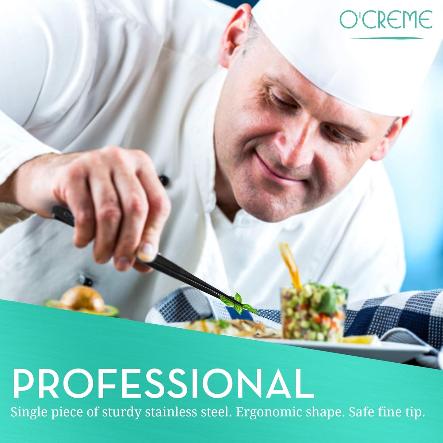 O'Creme Black Stainless Steel Precision Kitchen Culinary Fine-Tip Tweezer Tongs, 1 Curved and 1 Straight