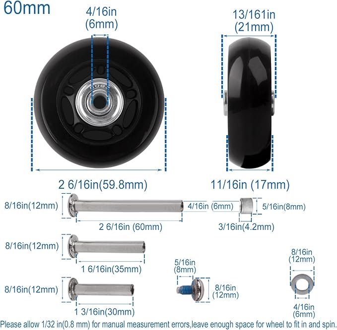 Luggage Suitcase Replacement Wheels Set of 4 PU Bearing Wheels-Install Width 0.8in/21mm with 3 Size Axles and Hacksaw for Trolley Bag Drawbar Box Smooth Rolling Repair(60x18mm)