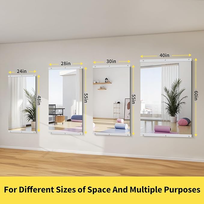 Home Gym Mirror - 60x40 Inch, 3PCS Frameless Tempered Glass Full Body Mirror for Wall Mount - Ideal for Yoga, Workout, Bedroom, Dance Studio (Silver)