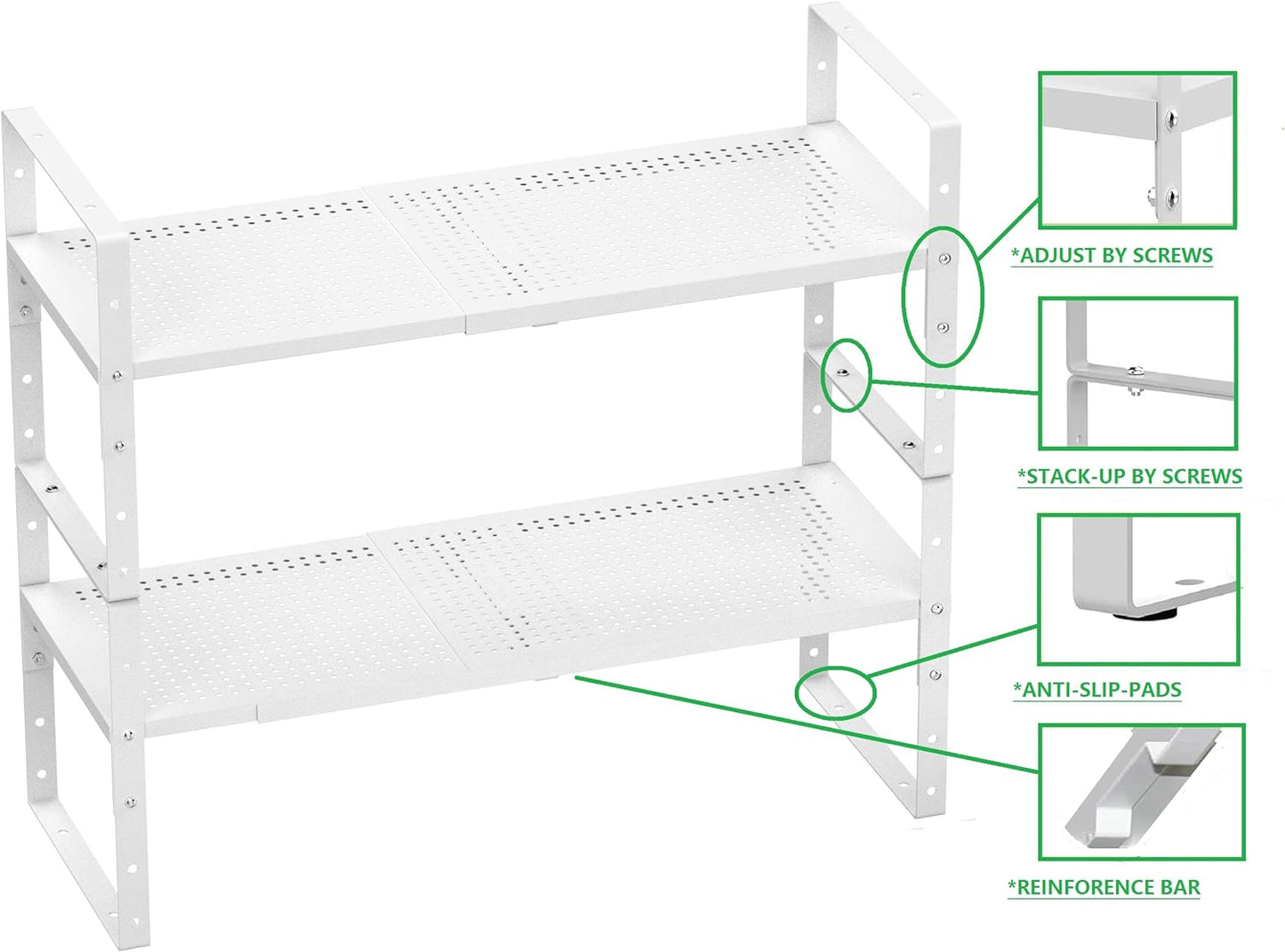 Expandable Shoe Rack Stackable Metal Pantry Storage Shelves Stand Adjustable Height Cabinet Shelf Organizer Racks Spice Shelving(1PACK/WHITE,MEDIUM)