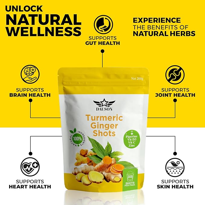Turmeric Ginger Supplements with Piperine, Vitamin C, Vitamin D3 & Zinc | Turmeric Ginger Shots for Joint, Heart, Brain, Gut & Skin Health | 200 Servings | Ayurvedic | Powder